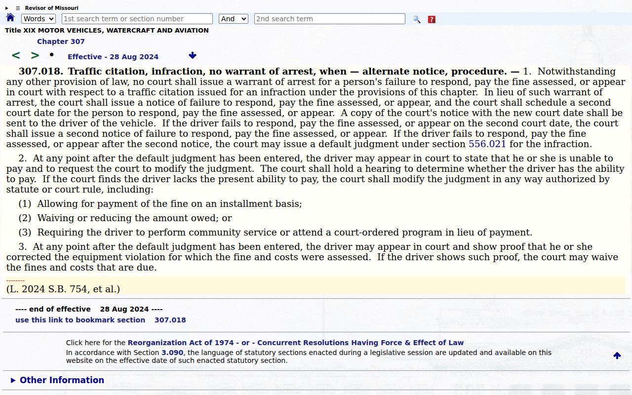 Missouri traffic infraction warrant restriction